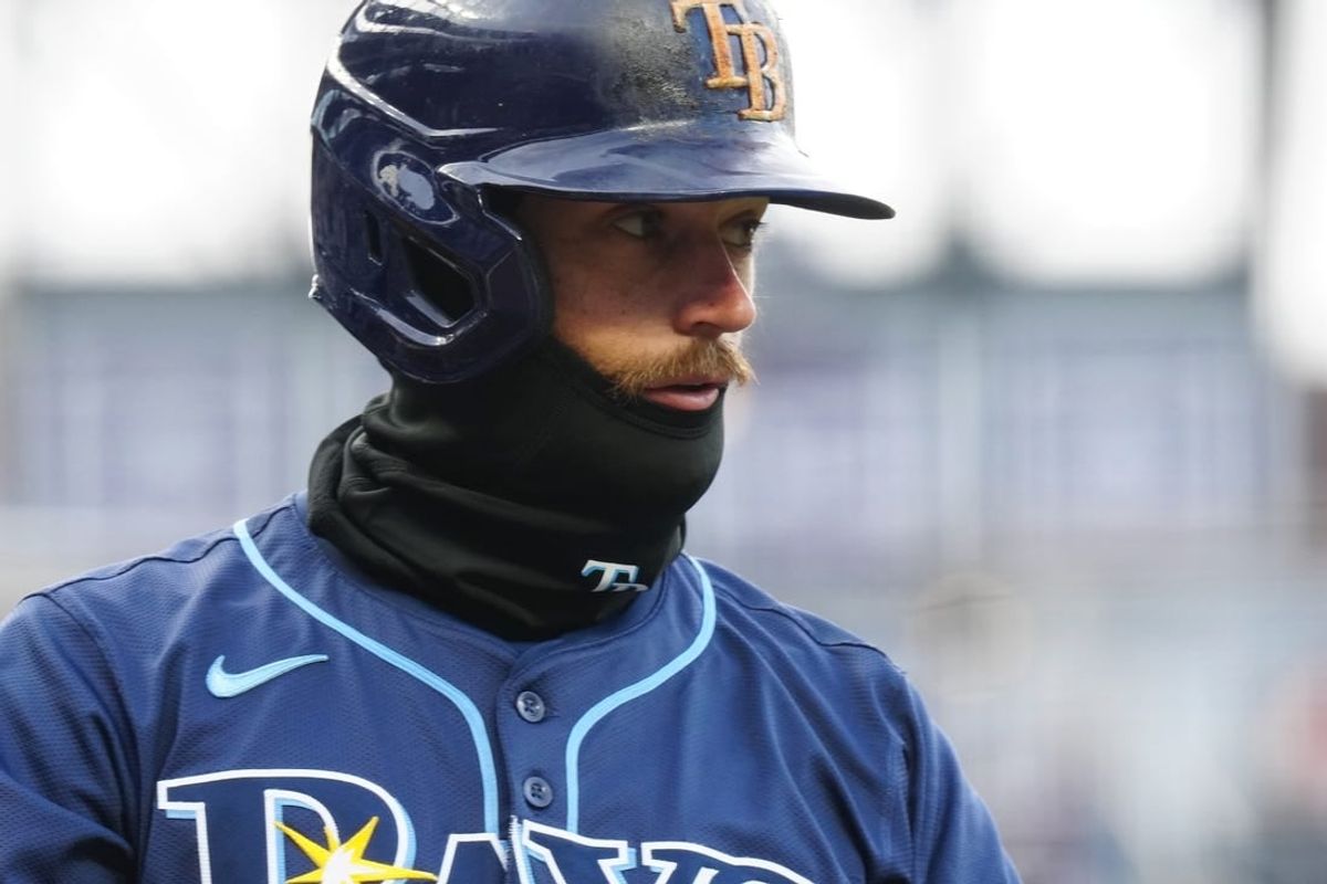 Apr 6, 2024; Denver, Colorado, USA; Tampa Bay Rays second base Brandon Lowe (8) during the first inning against the Colorado Rockies at Coors Field.