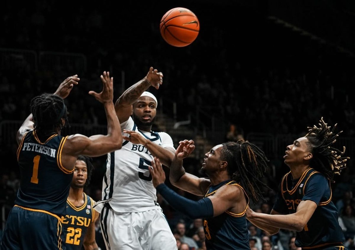 Butler Bulldogs guard Posh Alexander (5) passes the ball during the game between Butler Bulldogs and East Tennessee State Buccaneers Monday, Nov. 13, 2023, at Hinkle Fieldhouse in Indianapolis. Bulldogs beat Buccaneers 81-47.