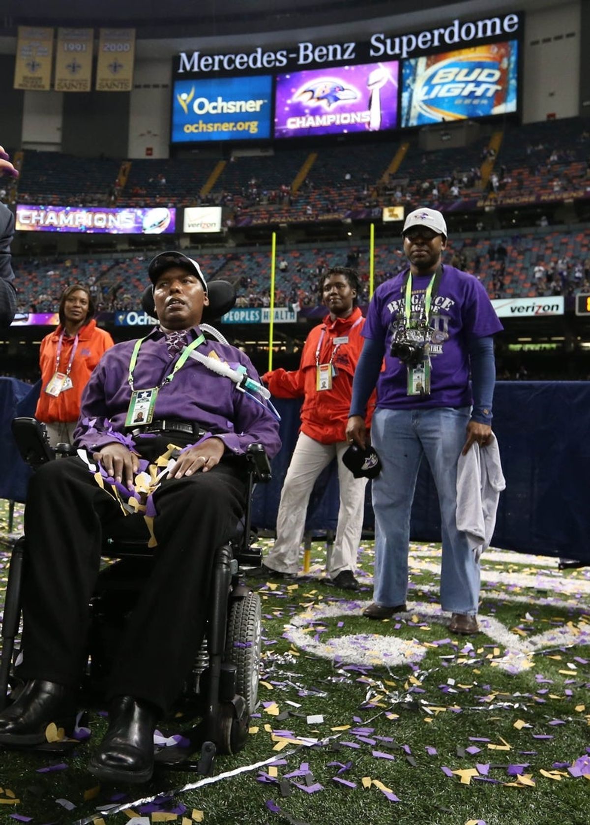 Feb 3, 2013; New Orleans, LA, USA; Baltimore Ravens former linebacker director of player development O.J. Brigance after the Ravens defeated the San Francisco 49ers 34-31 in Super Bowl XLVII at the Mercedes-Benz Superdome. Mandatory Credit: Matthew Emmons-Imagn Images