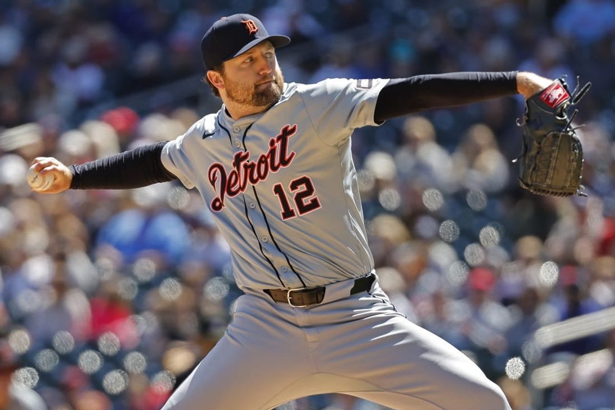 Apr 21, 2024; Minneapolis, Minnesota, USA; Detroit Tigers starting pitcher Casey Mize (12) throws to the Minnesota Twins in the first inning at Target Field.