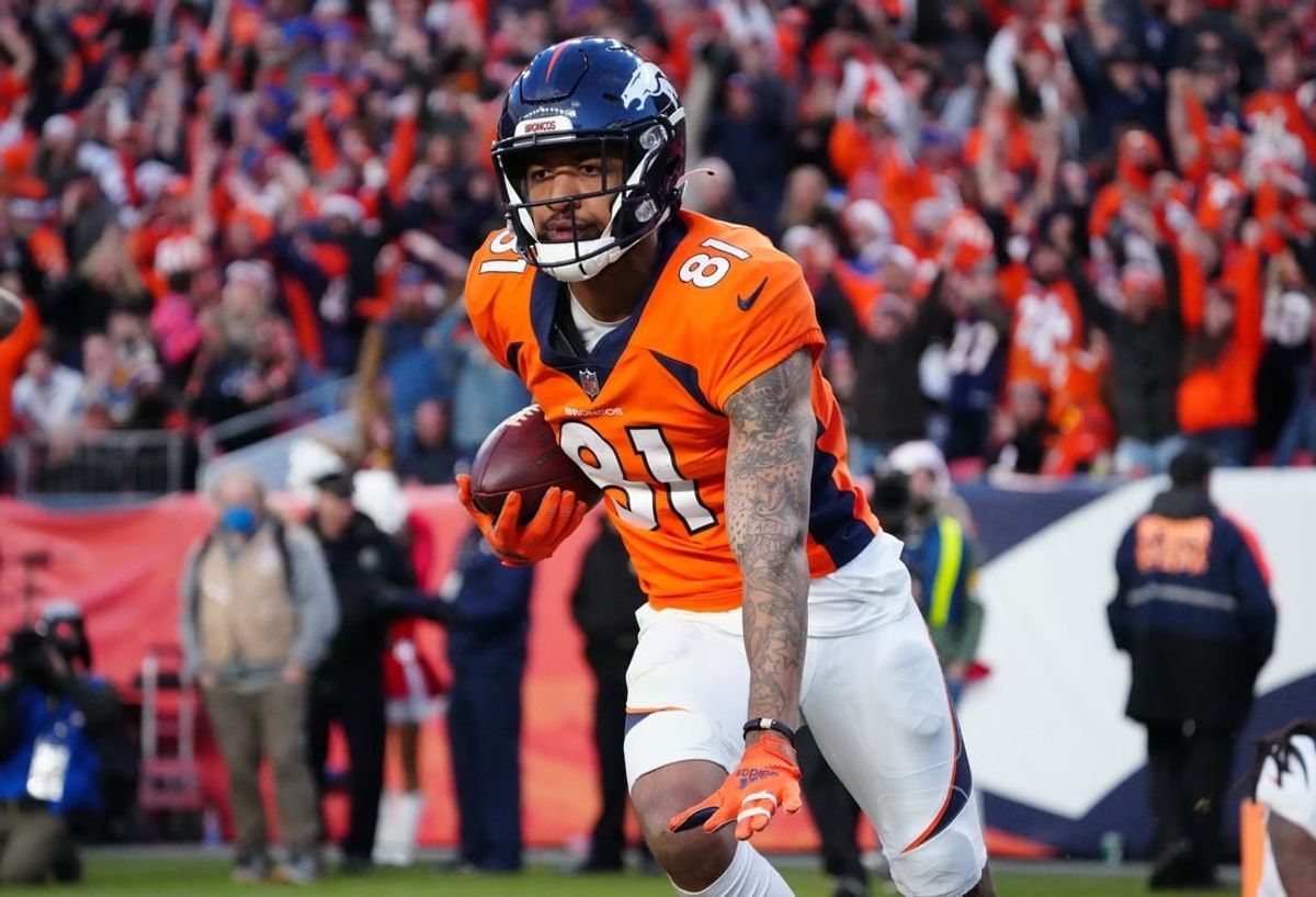 Broncos wide receiver Tim Patrick (81) celebrates his touchdown reception in the third quarter against the Cincinnati Bengals at Empower Field at Mile High