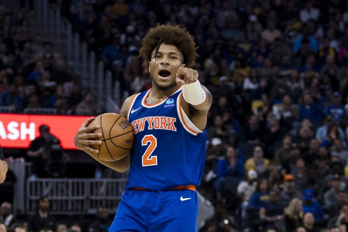 Mar 18, 2024; San Francisco, California, USA; New York Knicks guard Miles McBride (2) gestures during the first half of the game against the Golden State Warriors at Chase Center.