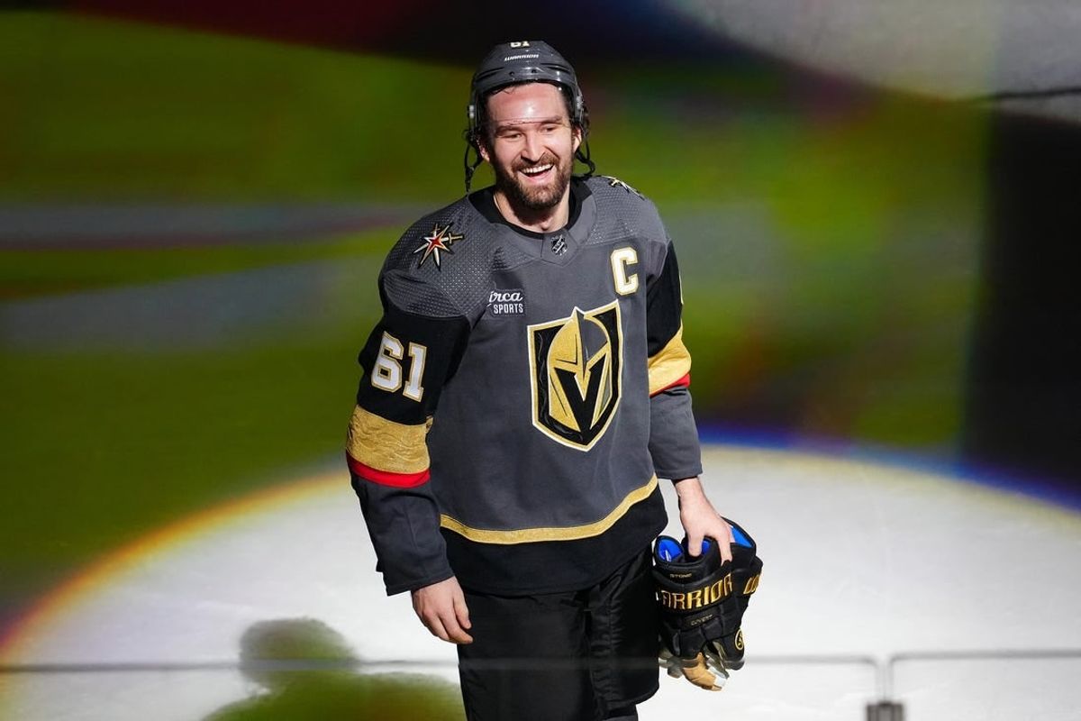 Jan 15, 2024; Las Vegas, Nevada, USA; Vegas Golden Knights right wing Mark Stone (61) celebrates after being named First Star of the Game after the Golden Knights defeated the Nashville Predators 4-1 at T-Mobile Arena.
