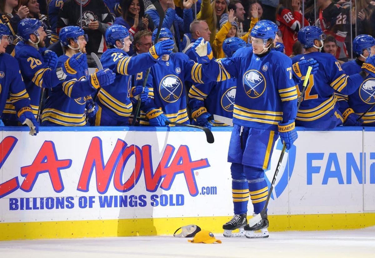 Mar 29, 2024; Buffalo, New York, USA;  Buffalo Sabres right wing Tage Thompson (72) celebrates his third goal of the game with teammates during the third period against the New Jersey Devils at KeyBank Center.