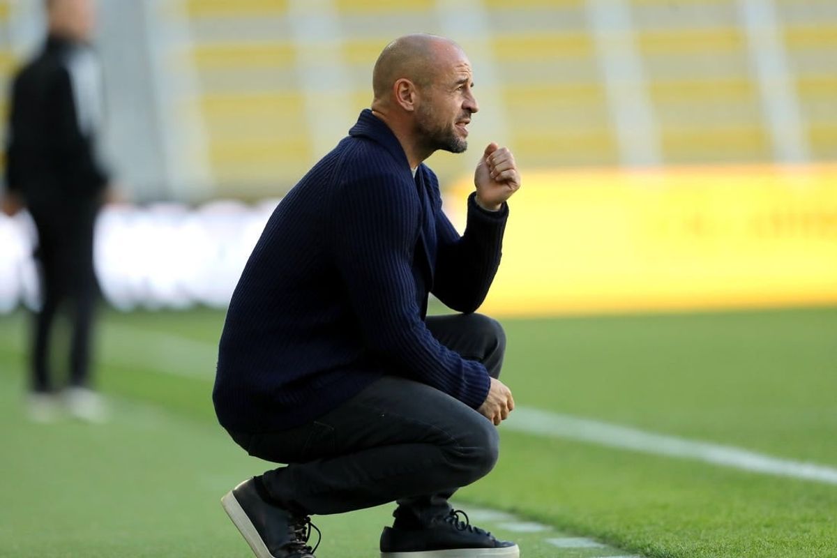 Oct 22, 2023; Columbus, OH, USA;  Columbus Crew 2 ahead coach Laurent Courtois during the first half of the Next Pro Cup game game between the Columbus Crew 2 and the Austin FC II at Lower.com Field.