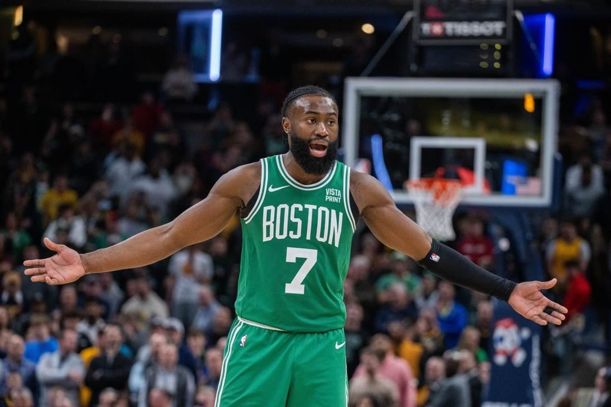 Jan 8, 2024; Indianapolis, Indiana, USA; Boston Celtics guard Jaylen Brown (7)  in the second half against the Indiana Pacers at Gainbridge Fieldhouse.