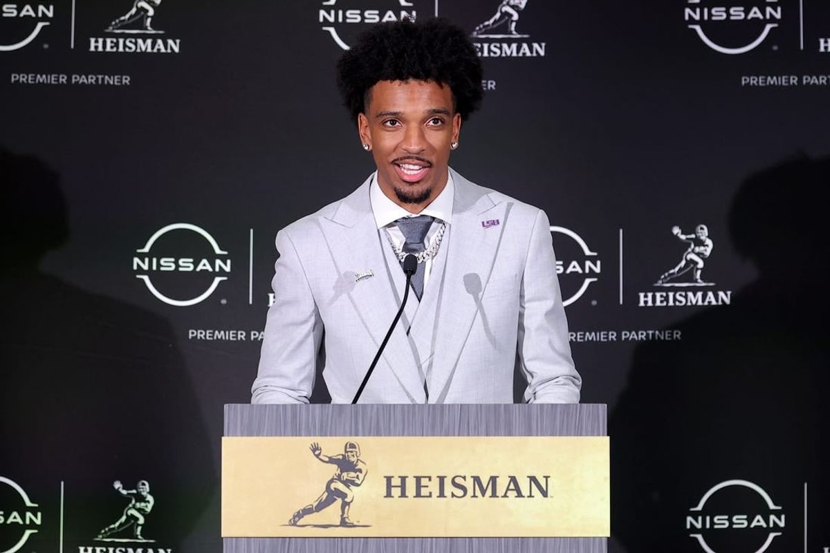Dec 9, 2023; New York, New York, USA; LSU Tigers quarterback Jayden Daniels speaks to the media during a press conference in the Astor ballroom at the New York Marriott Marquis after winning the Heisman trophy.