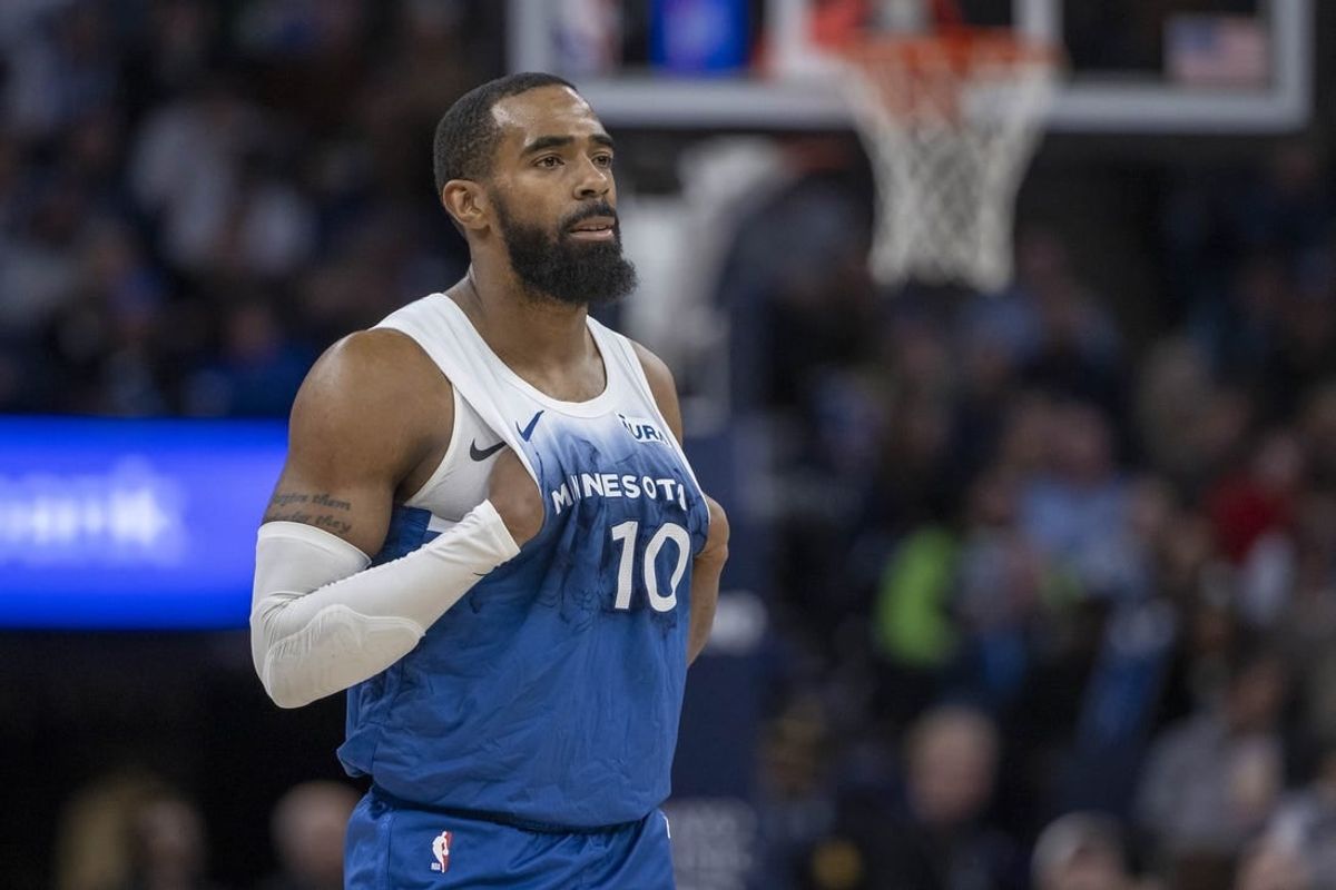 Jan 20, 2024; Minneapolis, Minnesota, USA; Minnesota Timberwolves guard Mike Conley (10) looks on against the Oklahoma City Thunder in the second half at Target Center.