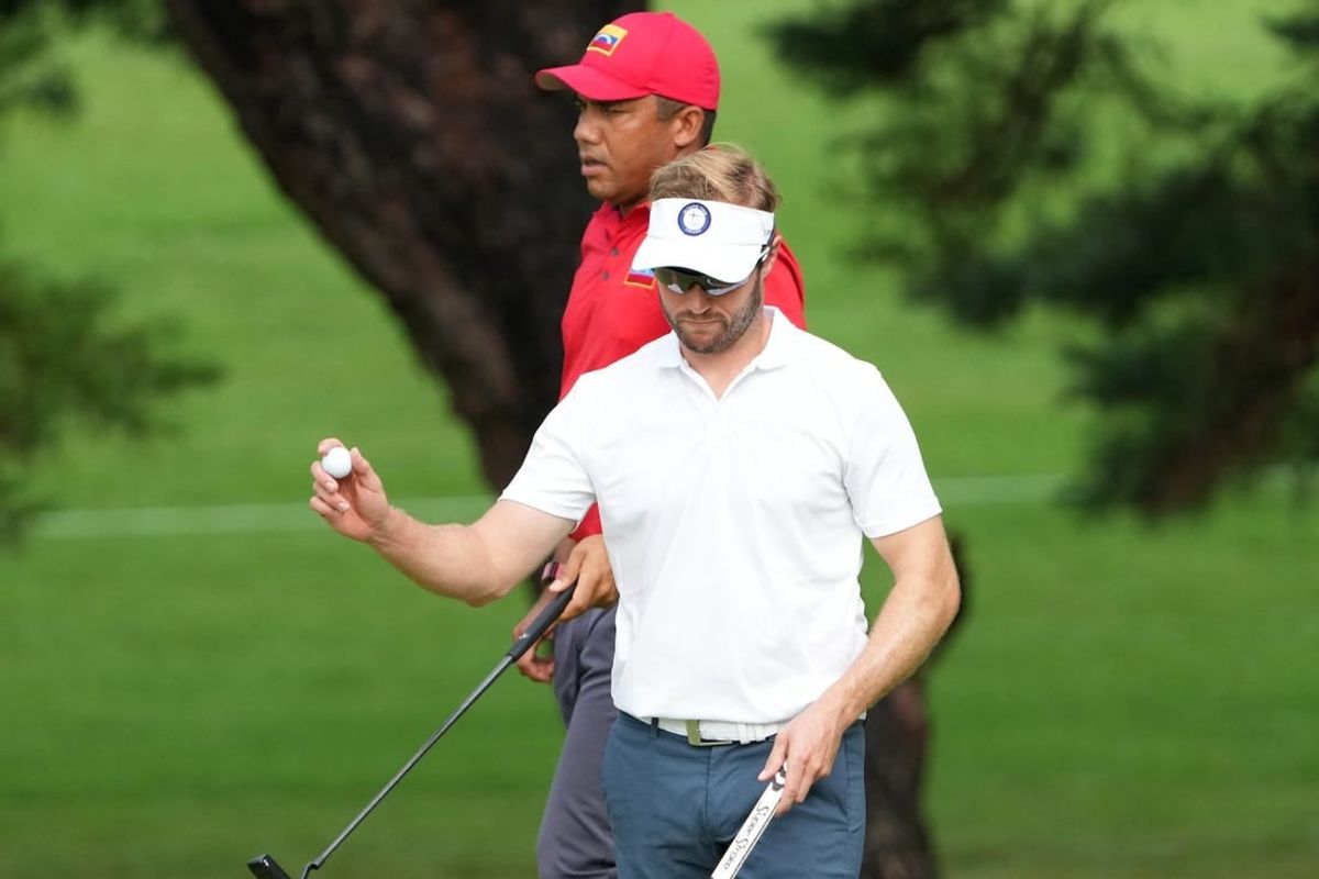Jul 30, 2021; Tokyo, Japan; Kalle Samooja (FIN) reacts after putting on the second green during round two of the men's individual stroke play of the Tokyo 2020 Olympic Summer Games at Kasumigaseki Country Club.