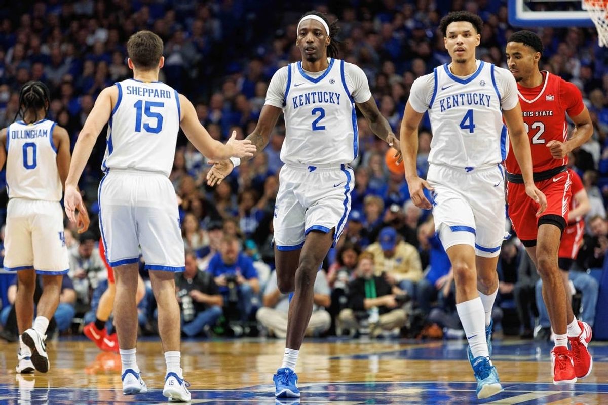Dec 29, 2023; Lexington, Kentucky, USA; Kentucky Wildcats forward Aaron Bradshaw (2) celebrates with guard Reed Sheppard (15) during the first half against the Illinois State Redbirds at Rupp Arena at Central Bank Center.
