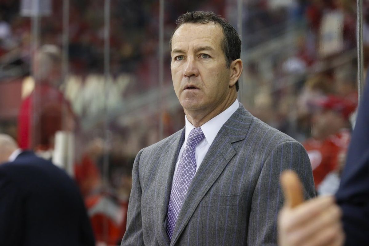 March19, 2013; Raleigh, NC, USA; Florida Panthers coach Kevin Dineen during the 2nd period against the Carolina Hurricanes at the PNC center. The Panthers defeated the Hurricanes 4-1. Mandatory Credit: James Guillory-Imagn Images