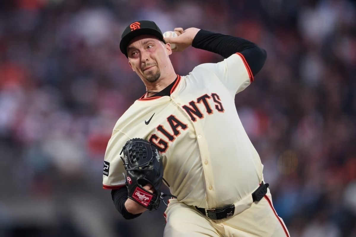 Apr 8, 2024; San Francisco, California, USA; San Francisco Giants starting pitcher Blake Snell (7) throws a pitch against the Washington Nationals during the second inning at Oracle Park.