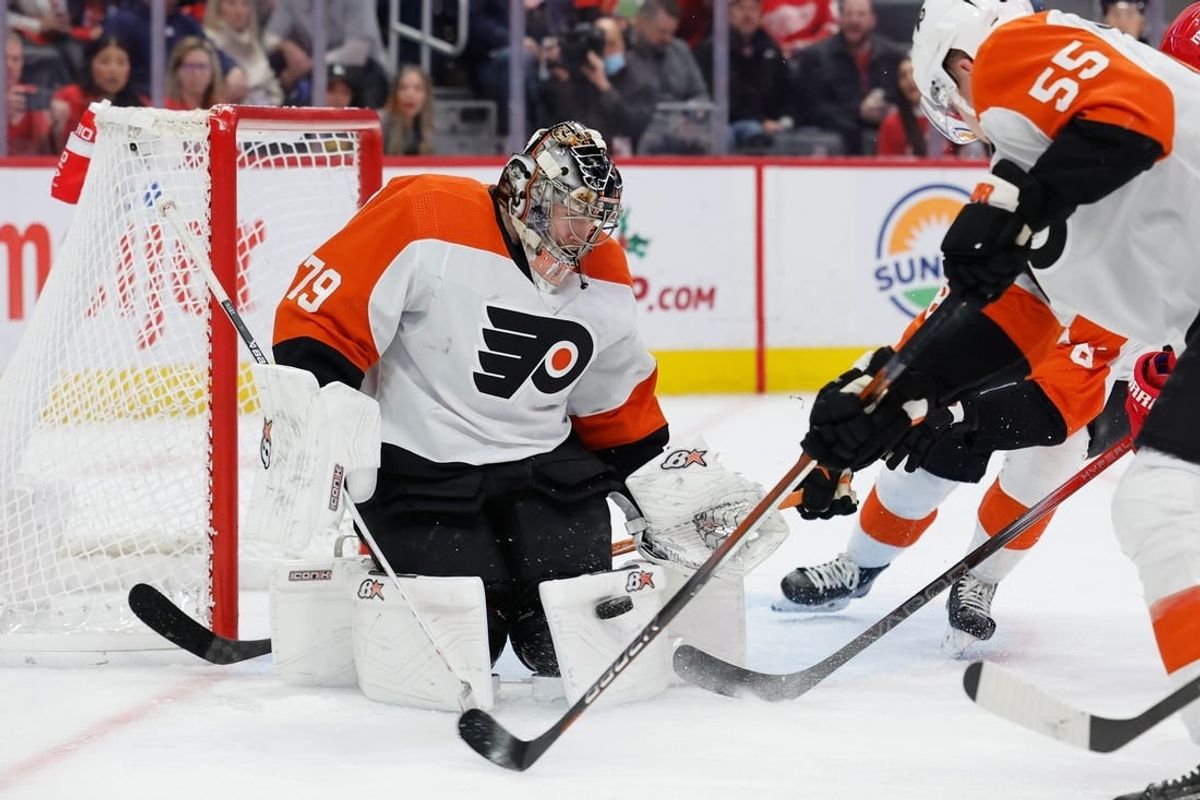 Dec 22, 2023; Detroit, Michigan, USA;  Philadelphia Flyers goaltender Carter Hart (79) makes a save in the second period against the Detroit Red Wings at Little Caesars Arena.
