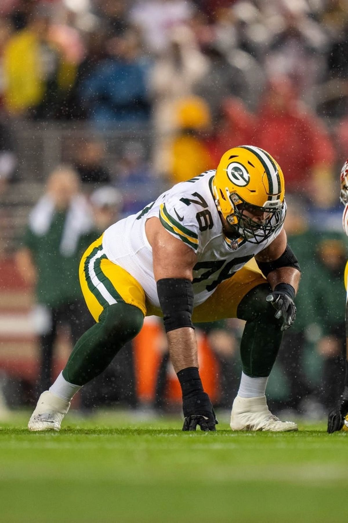 January 20, 2024; Santa Clara, CA, USA; Green Bay Packers guard Jon Runyan (76) during the first quarter in a 2024 NFC divisional round game against the San Francisco 49ers at Levi's Stadium.