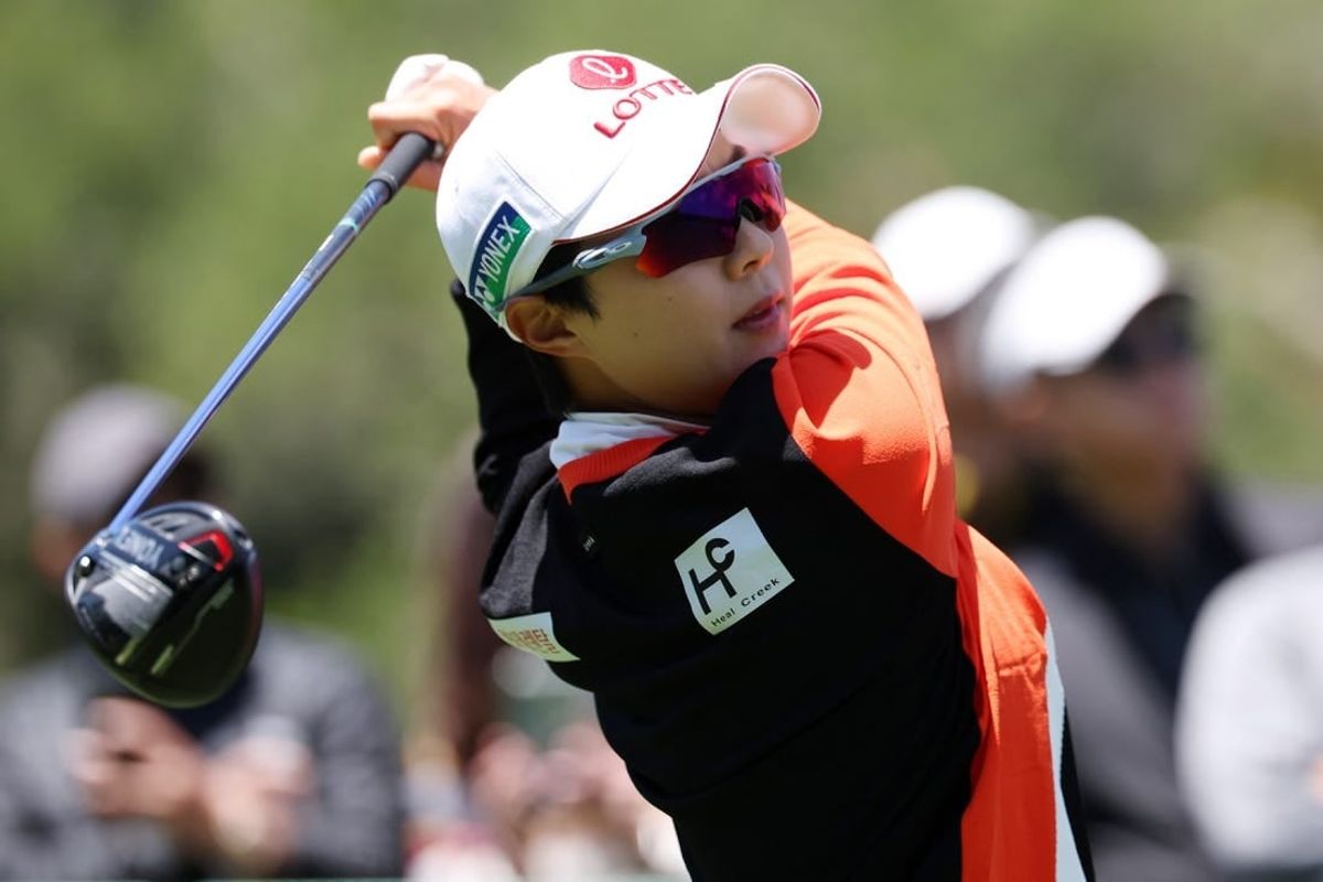 Jul 8, 2023; Pebble Beach, California, USA; Hyo Joo Kim tees off on the second hole during the third round of the U.S. Women's Open golf tournament at Pebble Beach Golf Link.