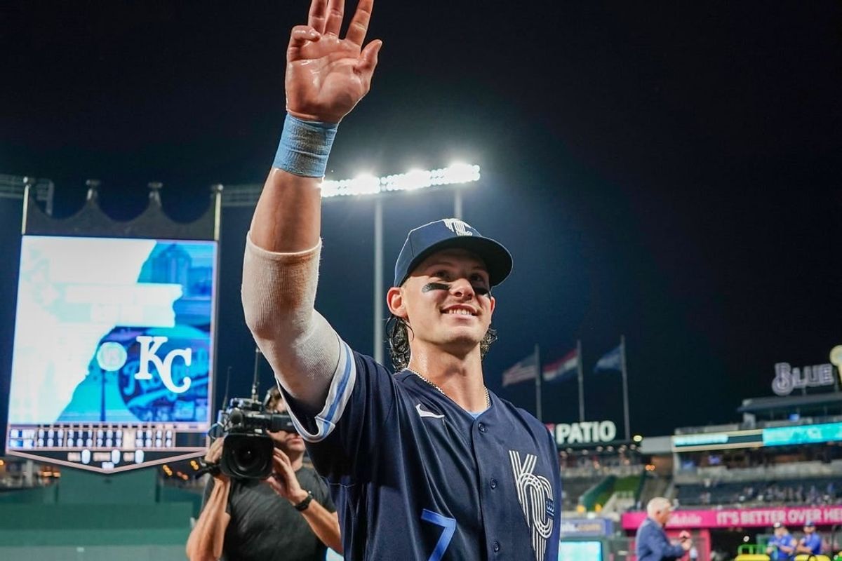Sep 29, 2023; Kansas City, Missouri, USA;  Kansas City Royals shortstop Bobby Witt Jr. (7) waves to the crowd after the win over the New York Yankees at Kauffman Stadium. Witt became the first Royals player in history to hit 30 home runs and have 30 stolen bases.