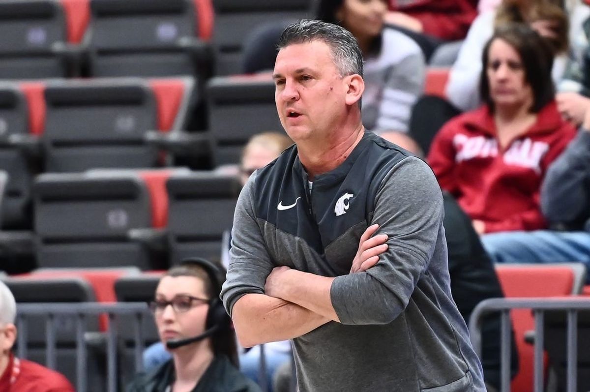 Feb 16, 2023; Pullman, Washington, USA; Washington State Cougars head coach Kyle Smith looks on against the Oregon State Beavers in the first half at Friel Court at Beasley Coliseum.