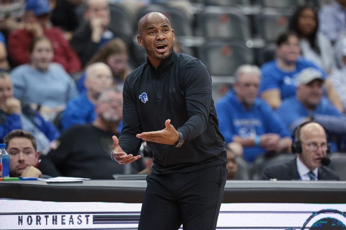 Nov 6, 2023; Newark, New Jersey, USA; Seton Hall Pirates head coach Shaheen Holloway reacts during the second half against the St. Peter's Peacocks at Prudential Center.