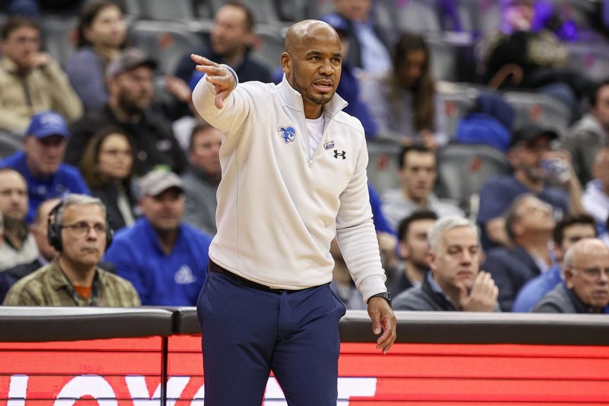 Jan 24, 2024; Newark, New Jersey, USA; Seton Hall Pirates head coach Shaheen Holloway reacts during the first half against the Providence Friars at Prudential Center.