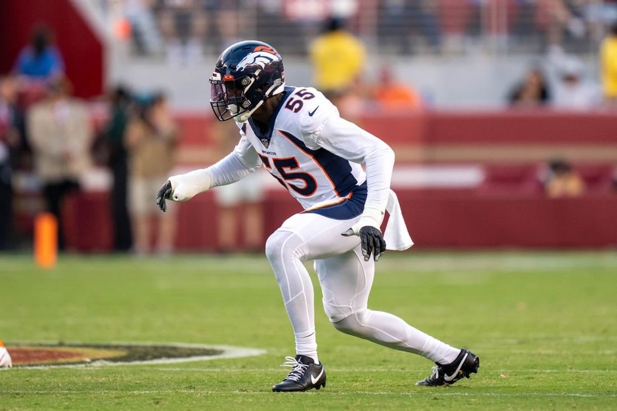August 19, 2023; Santa Clara, California, USA; Denver Broncos linebacker Frank Clark (55) during the third quarter against the San Francisco 49ers at Levi's Stadium.