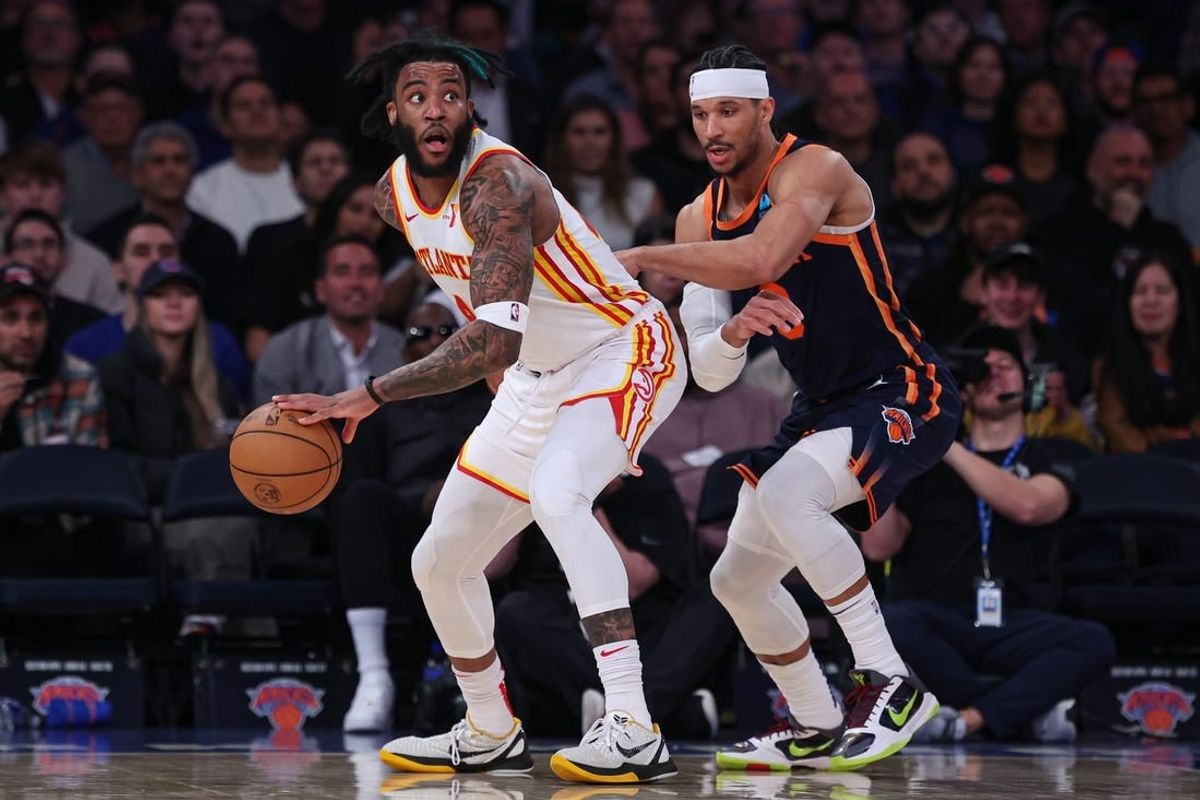 Mar 5, 2024; New York, New York, USA; Atlanta Hawks forward Saddiq Bey (41) dribbles against New York Knicks guard Josh Hart (3) during the second half at Madison Square Garden.
