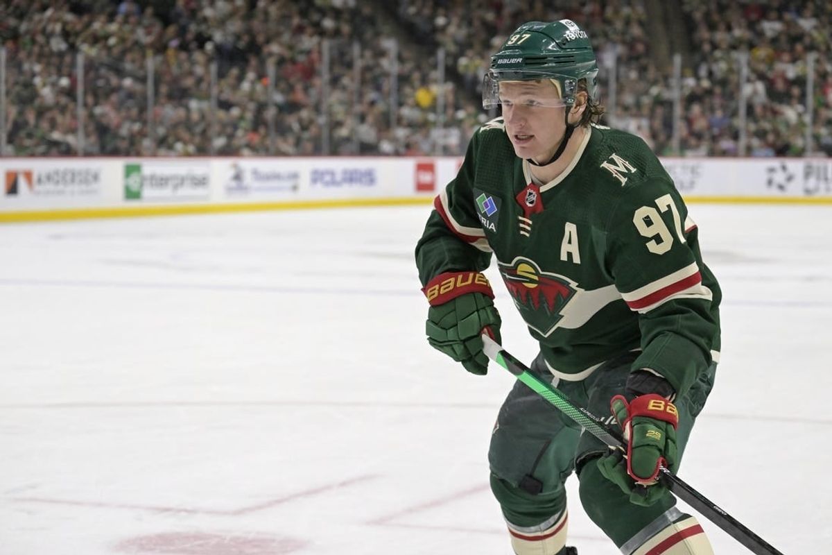 Mar 14, 2024; Saint Paul, Minnesota, USA; Minnesota Wild forward Kirill Kaprizov (97) follows the play against the Anaheim Ducks during the second period at Xcel Energy Center.