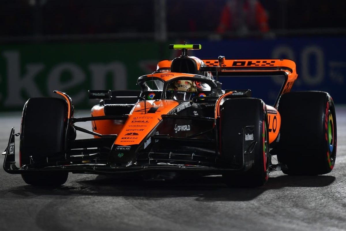 Nov 17, 2023; Las Vegas, Nevada, USA; McLaren F1 Team driver Lando Norris of Great Britain (4) during qualifying at Las Vegas Strip Circuit.