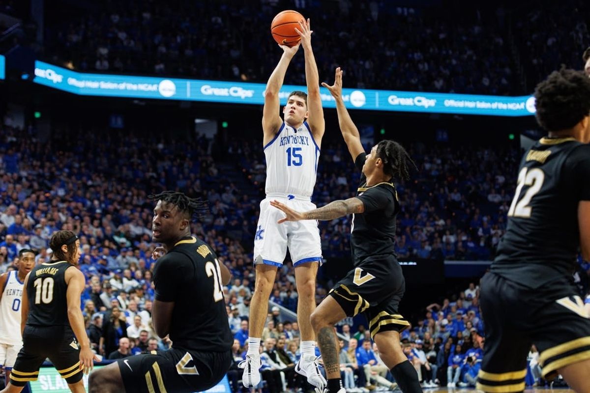 Mar 6, 2024; Lexington, Kentucky, USA; Kentucky Wildcats guard Reed Sheppard (15) shoots the ball during the second half against the Vanderbilt Commodores at Rupp Arena at Central Bank Center.