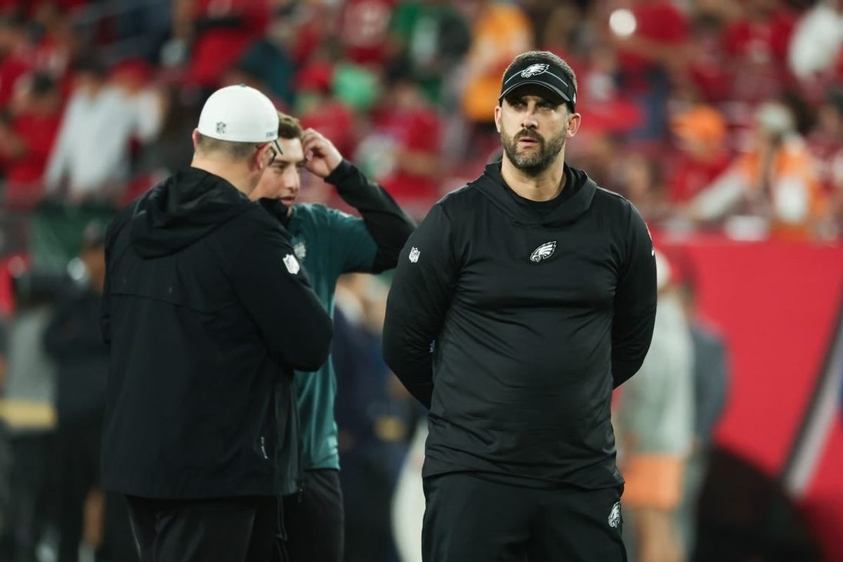Jan 15, 2024; Tampa, Florida, USA; Philadelphia Eagles head coach Nick Sirianni stands on the sidelines during warm ups before a 2024 NFC wild card game against the Tampa Bay Buccaneers at Raymond James Stadium.
