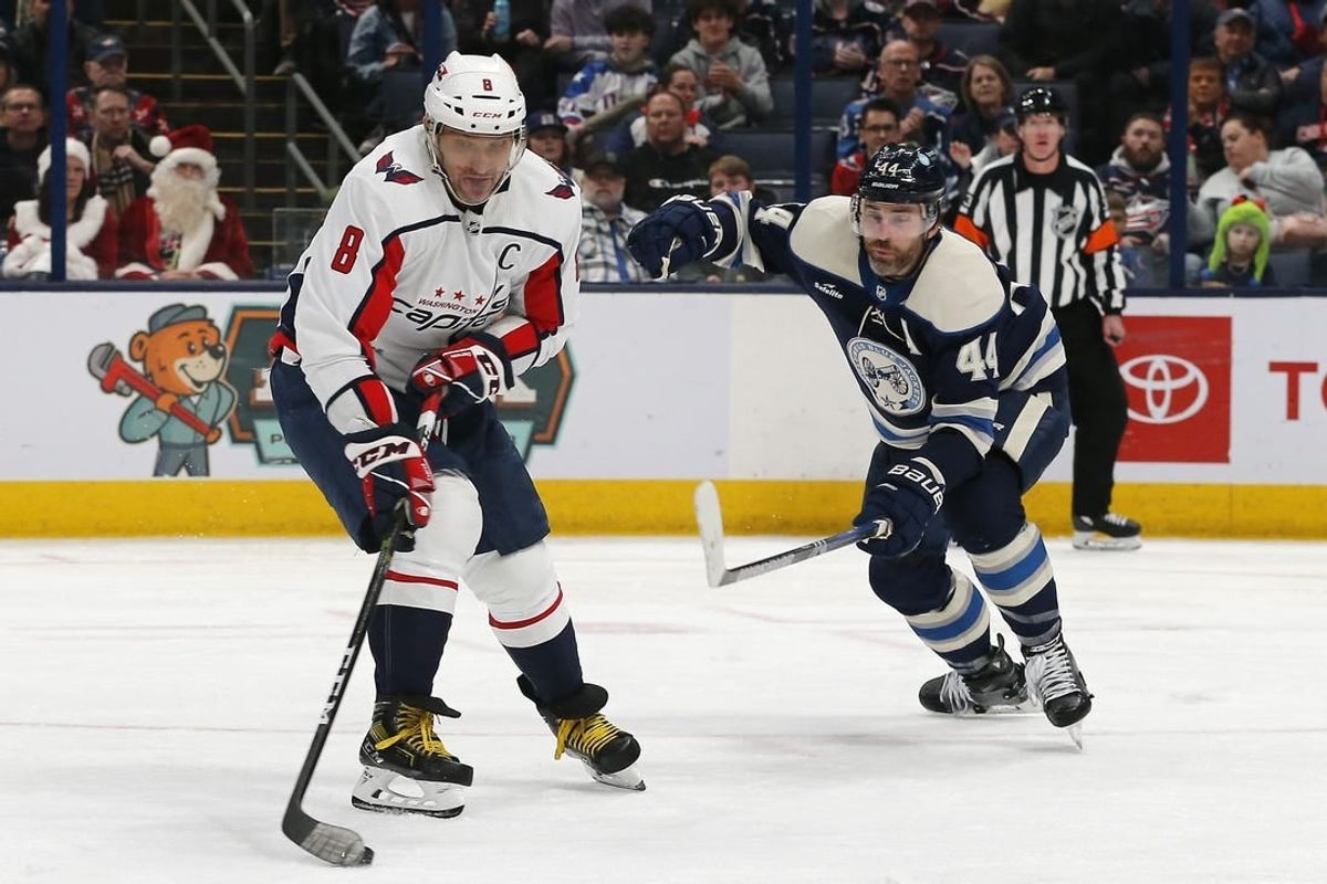 Dec 21, 2023; Columbus, Ohio, USA; Washington Capitals left wing Alex Ovechkin (8) wrists a shot on goal as Columbus Blue Jackets defenseman Erik Gudbranson (44) during the second period at Nationwide Arena.