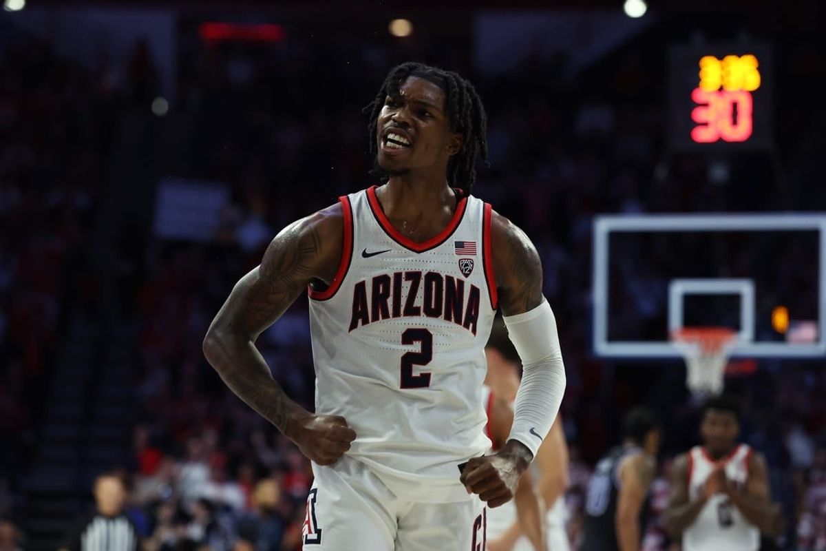 Nov 19, 2023; Tucson, Arizona, USA; Arizona Wildcats guard Caleb Love (2) celebrates a basket against the Texas-Arlington Mavericks during the first half at McKale Center.