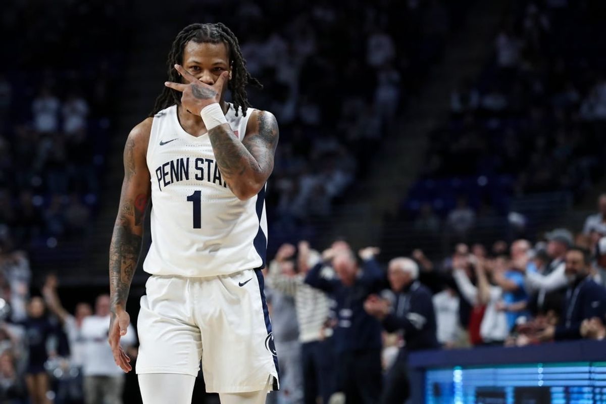 Dec 9, 2023; University Park, Pennsylvania, USA; Penn State Nittany Lions guard Ace Baldwin Jr (1) gestures after shooting a three-point basket during the second half against the Ohio State Buckeyes at Bryce Jordan Center. Penn State defeated Ohio State 83-80.