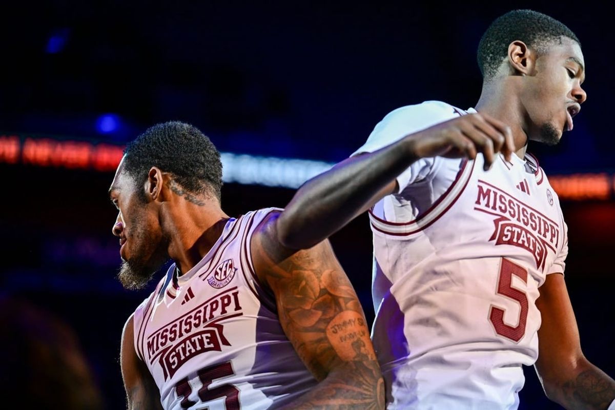 Nov 19, 2023; Uncasville, CT, USA; Mississippi State Bulldogs forward Jimmy Bell Jr. (15) and Mississippi State Bulldogs guard Shawn Jones jr. (5) celebrate during the first half against Northwestern Wildcats at Mohegan Sun Arena.