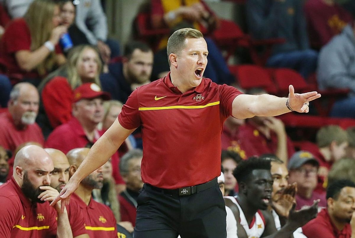 Iowa State men's basketball head coach T.J. Otzelberger reacts at the side line during the first half against Grambling State in the NCAA men's basketball at Hilton Coliseum on Sunday, Nov. 19, 2023, in Ames, Iowa.