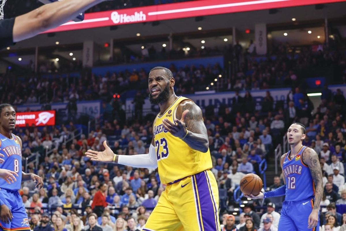 Nov 30, 2023; Oklahoma City, Oklahoma, USA; Los Angeles Lakers forward LeBron James (23) gestures after an officials call during the second quarter against the Oklahoma City Thunder at Paycom Center.