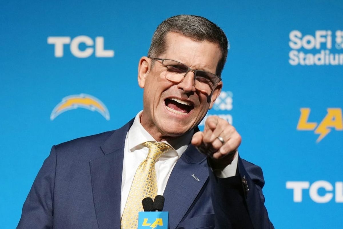 Feb 1, 2024; Inglewood, CA, USA; Los Angeles Chargers coach Jim Harbaugh speaks at an introductory press conference at YouTube Theater at SoFi Stadium.