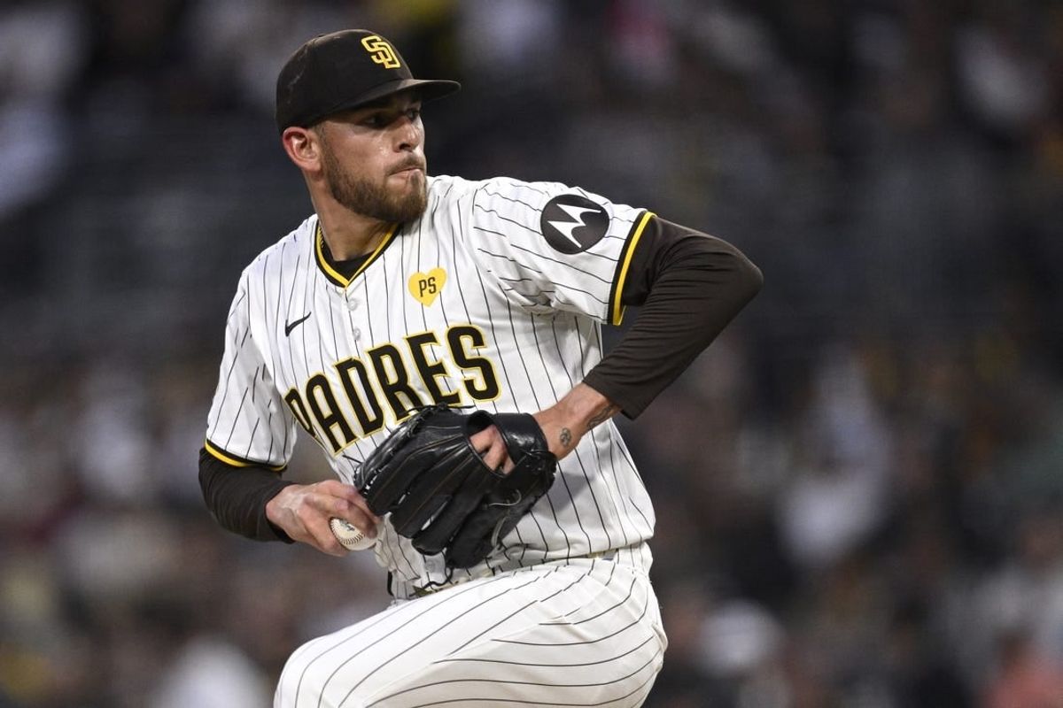 Apr 9, 2024; San Diego, California, USA; San Diego Padres starting pitcher Joe Musgrove (44) throws a pitch against the Chicago Cubs during the first inning at Petco Park.