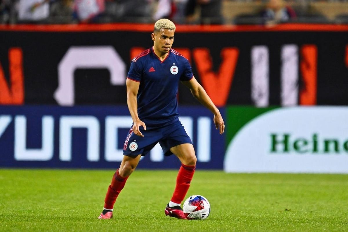 May 20, 2023; Chicago, Illinois, USA;  Chicago Fire FC defender Miguel Navarro (6) controls the ball against the Atlanta United FC at Soldier Field.