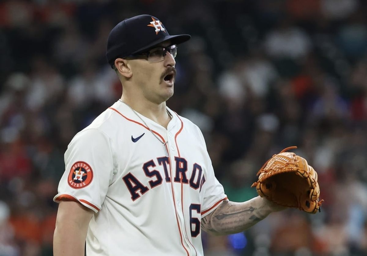 Apr 17, 2024; Houston, Texas, USA; Houston Astros pitcher J.P. France (68) reacts after a balk is called on him against the Atlanta Braves in the first inning at Minute Maid Park.
