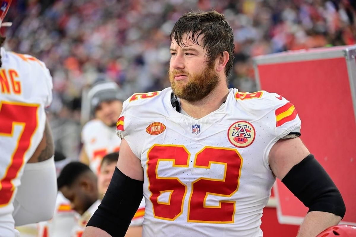 Dec 17, 2023; Foxborough, Massachusetts, USA; Kansas City Chiefs guard Joe Thuney (62) stands in the bench area during the second half against the New England Patriots at Gillette Stadium.