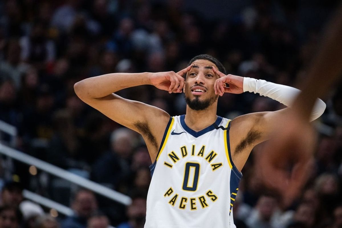 Dec 18, 2023; Indianapolis, Indiana, USA;  Indiana Pacers guard Tyrese Haliburton (0) in the first half against the LA Clippers at Gainbridge Fieldhouse.