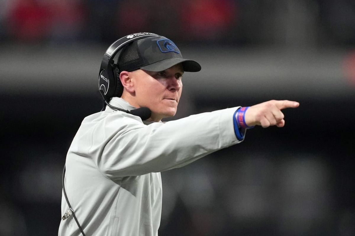 Boise State Broncos head coach Spencer Danielson gestures in the second half against the UNLV Rebels during the Mountain West Championship at Allegiant Stadium.