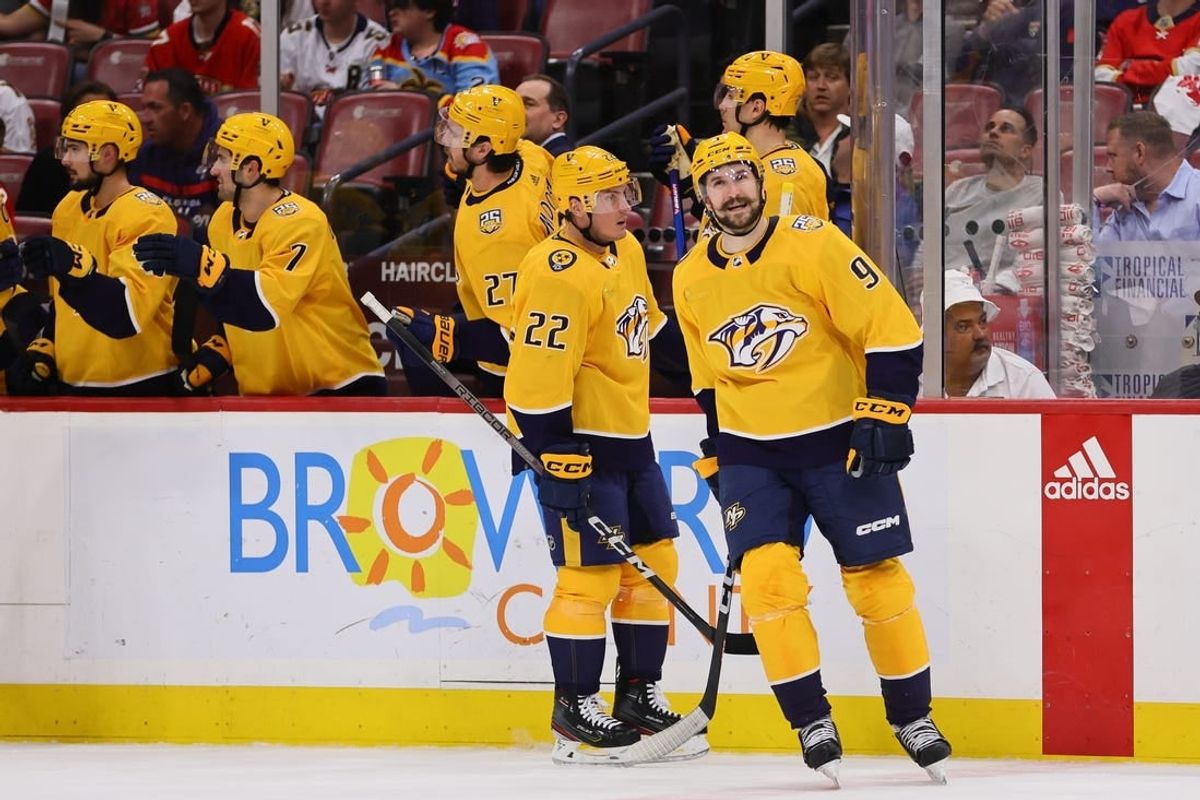 Mar 21, 2024; Sunrise, Florida, USA; Nashville Predators left wing Filip Forsberg (9) looks on after scoring against the Florida Panthers during the second period at Amerant Bank Arena.