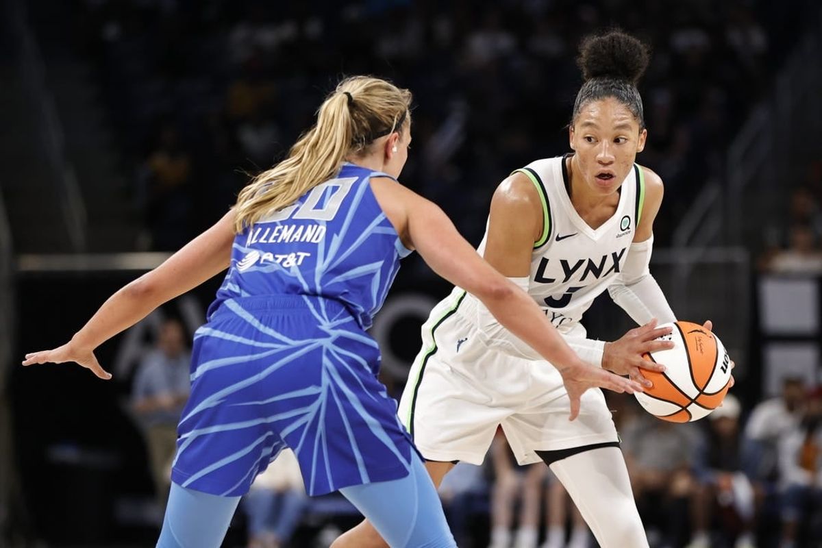 Jun 26, 2022; Chicago, Illinois, USA; Minnesota Lynx forward Aerial Powers (3) looks to pass the ball against Chicago Sky guard Julie Allemand (20) during the second half of a WNBA game at Wintrust Arena.