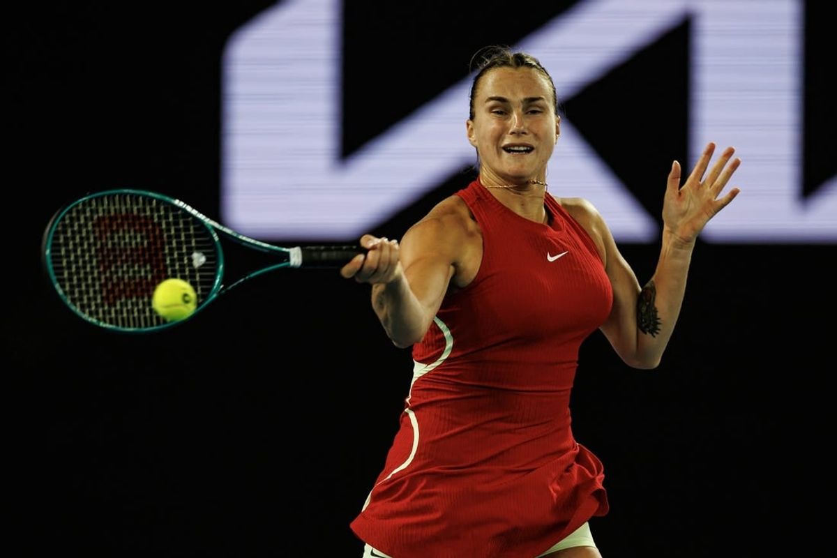 Jan 14, 2024; Melbourne, Victoria, Australia;  Aryna Sabalenka of Russia hits a shot at the Australian Open.
