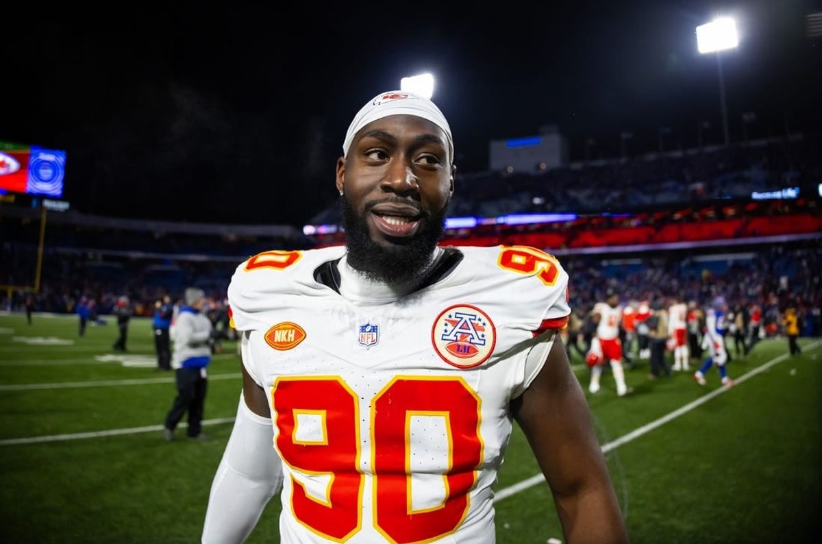 Jan 21, 2024; Orchard Park, New York, USA; Kansas City Chiefs defensive end Charles Omenihu (90) against the Buffalo Bills in the 2024 AFC divisional round game at Highmark Stadium.