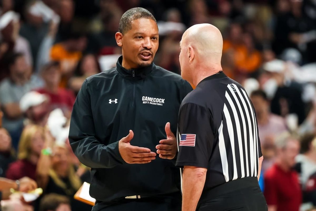 Mar 6, 2024; Columbia, South Carolina, USA; South Carolina Gamecocks head coach Lamont Paris disputes a call against the Tennessee Volunteers in the second half at Colonial Life Arena.