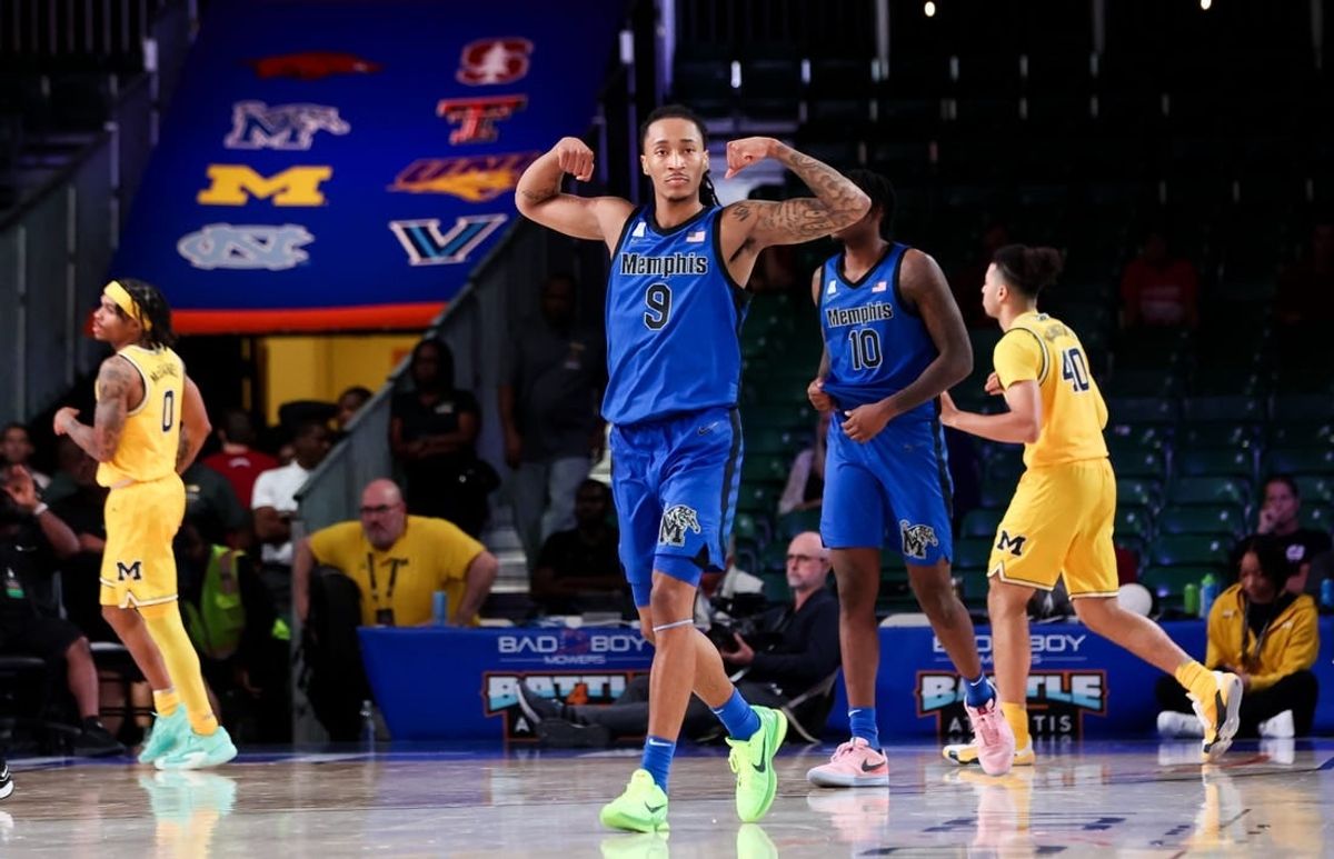 Nov 22, 2023; Paradise Island, BAHAMAS; Memphis Tigers guard Caleb Mills (9) reacts after the game against the Michigan Wolverines at Imperial Arena.