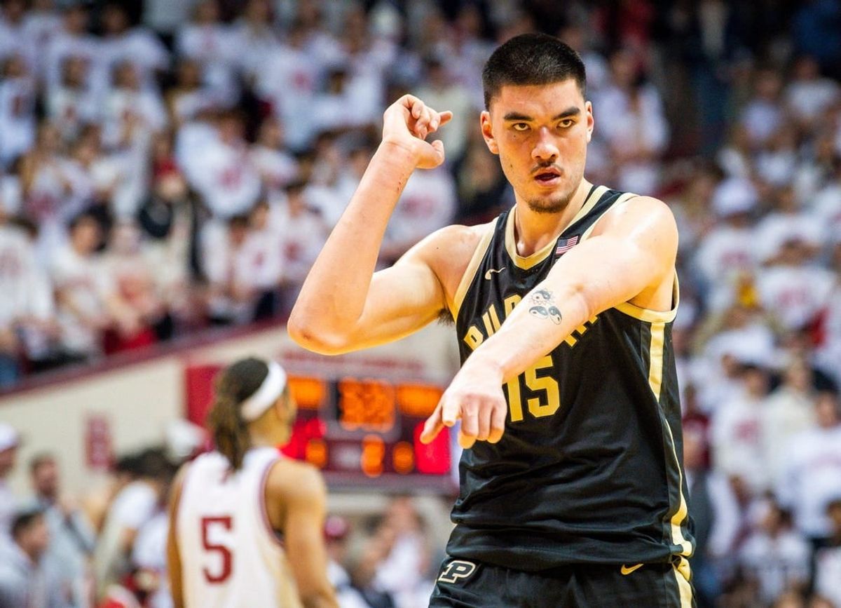 Purdue's Zach Edey (15) celebrates as Purdue goes up over 20 points during the second half of the Indiana versus Purdue men's basketball game at Simon Skjodt Assembly Hall on Tuesday, Jan. 16, 2024.