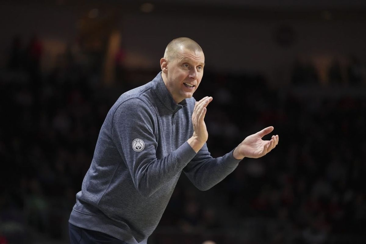 March 6, 2023; Las Vegas, NV, USA; Brigham Young Cougars head coach Mark Pope instructs against the Saint Mary's Gaels during the first half in the semifinals of the WCC Basketball Championships at Orleans Arena.